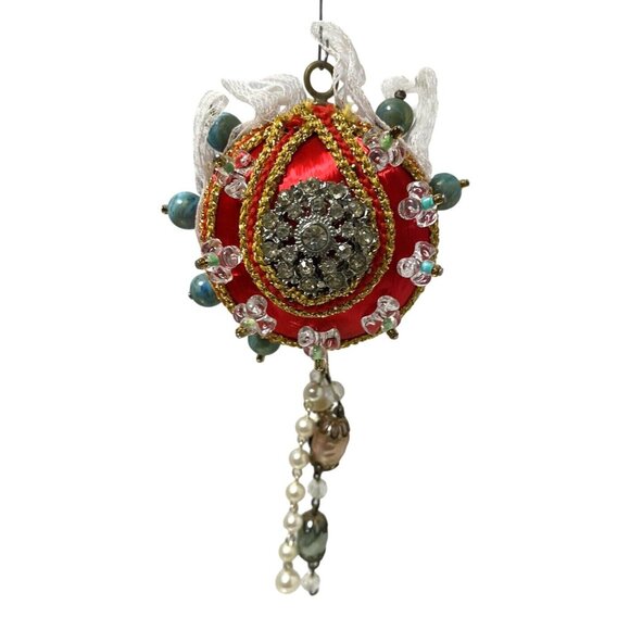 Handmade Other - VTG MCM Satin Push Pin Ornament Red Teardrop Beaded Sequin Rhinestone Handmade